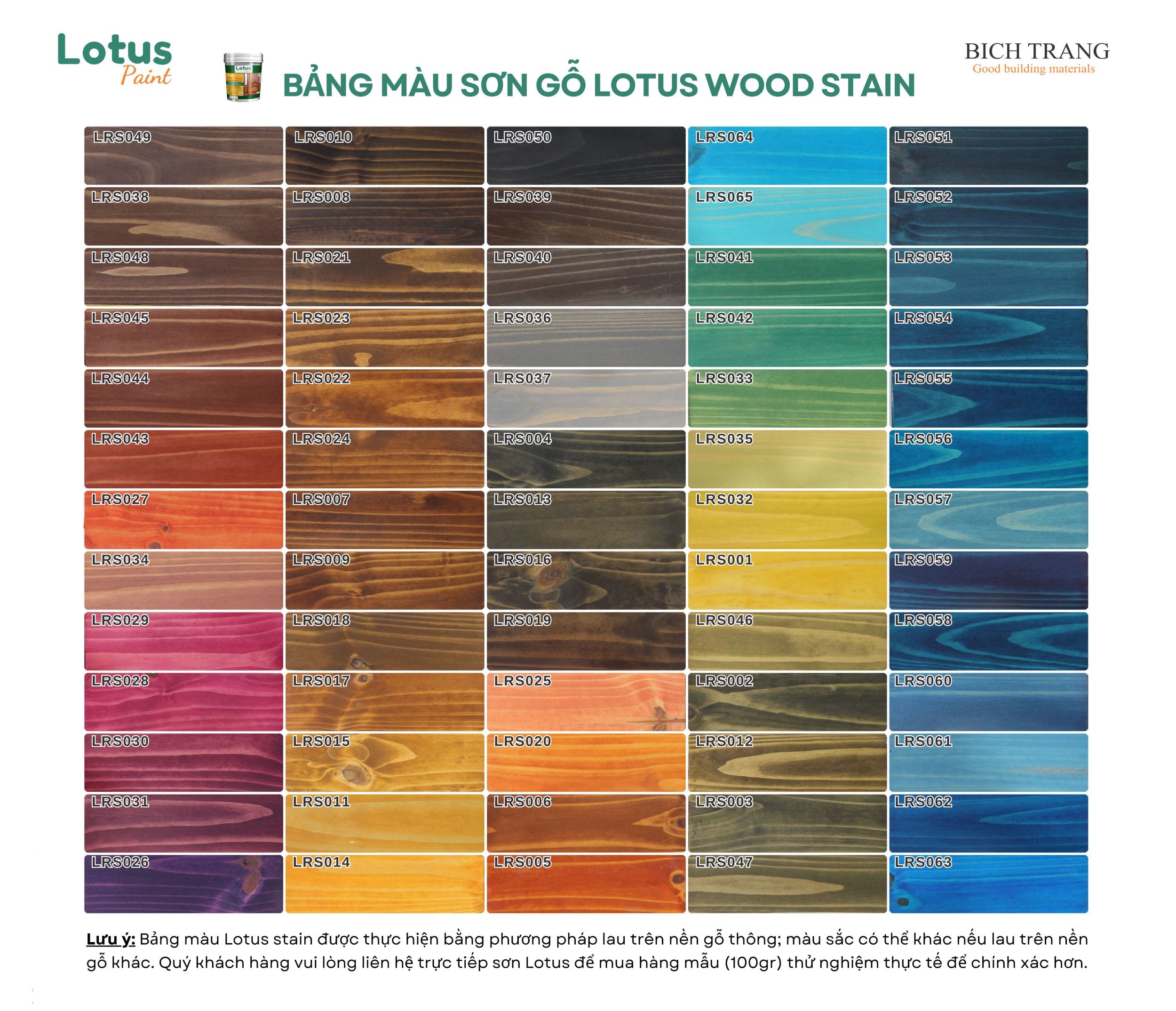 Bảng màu sơn gỗ Lotus Wood Paint trên nền gỗ thông