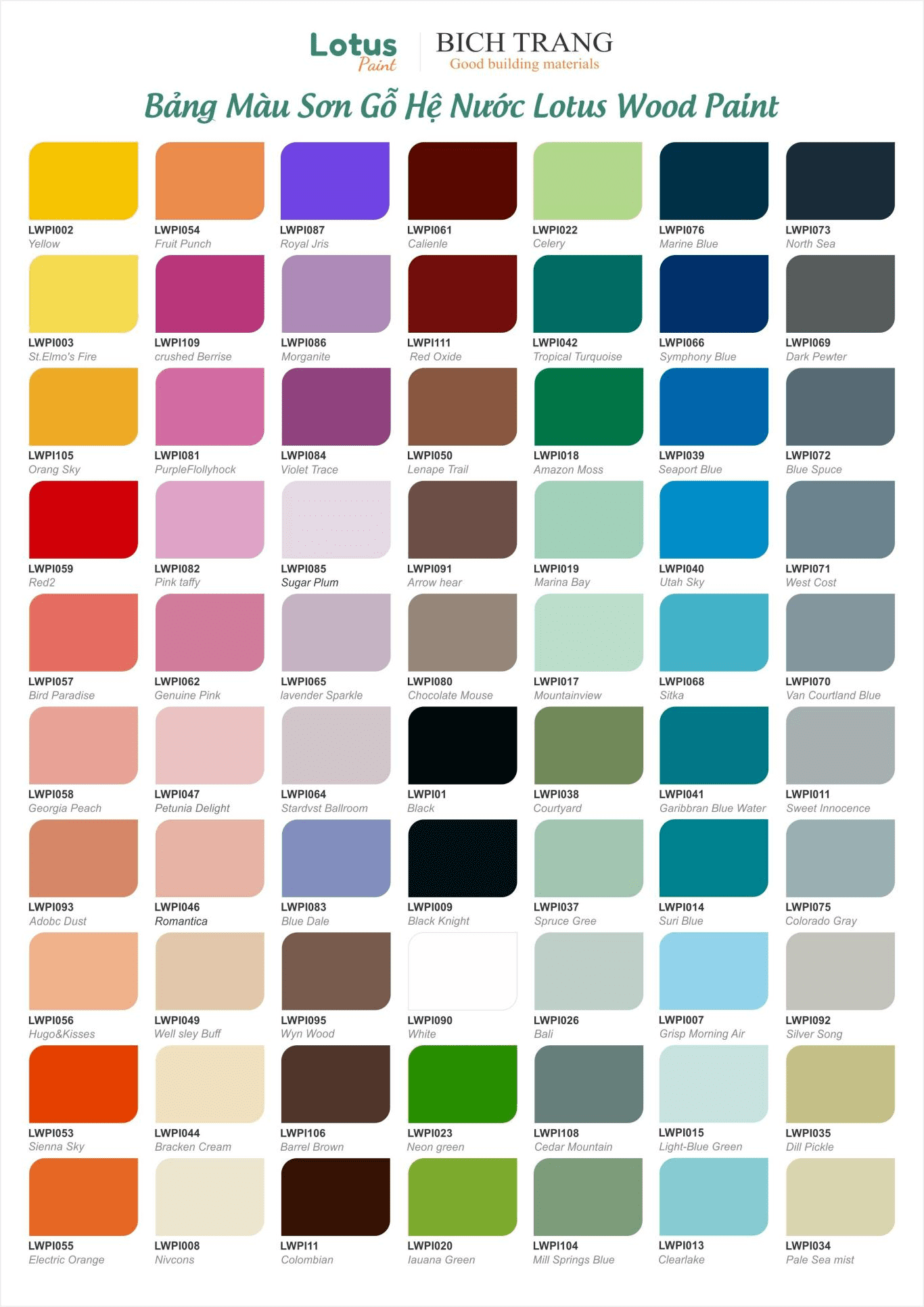 Bảng màu sơn gỗ hệ nước Lotus Wood Paint