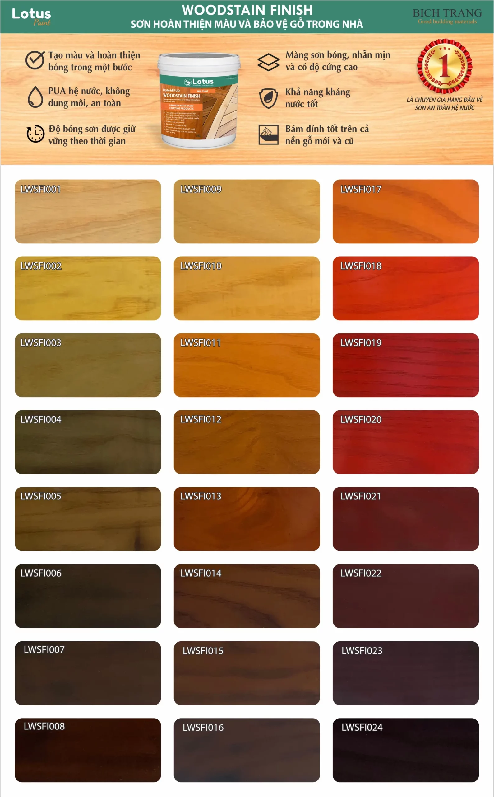 Bảng màu sơn hoàn thiện màu và bảo vệ gỗ Lotus Woodstain Finish